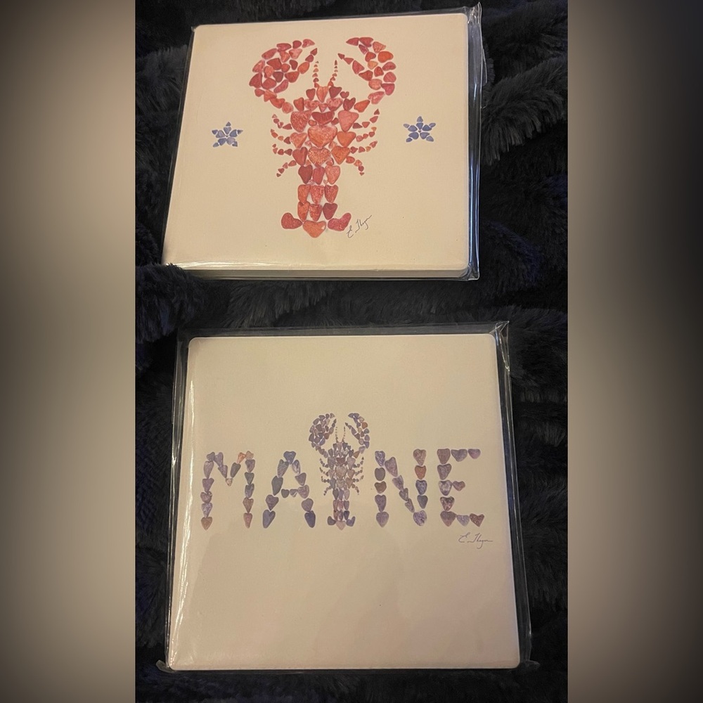 Maine Lobster and Starfish Art Coasters Heart Love Rocks Coastal Chic Home Decor